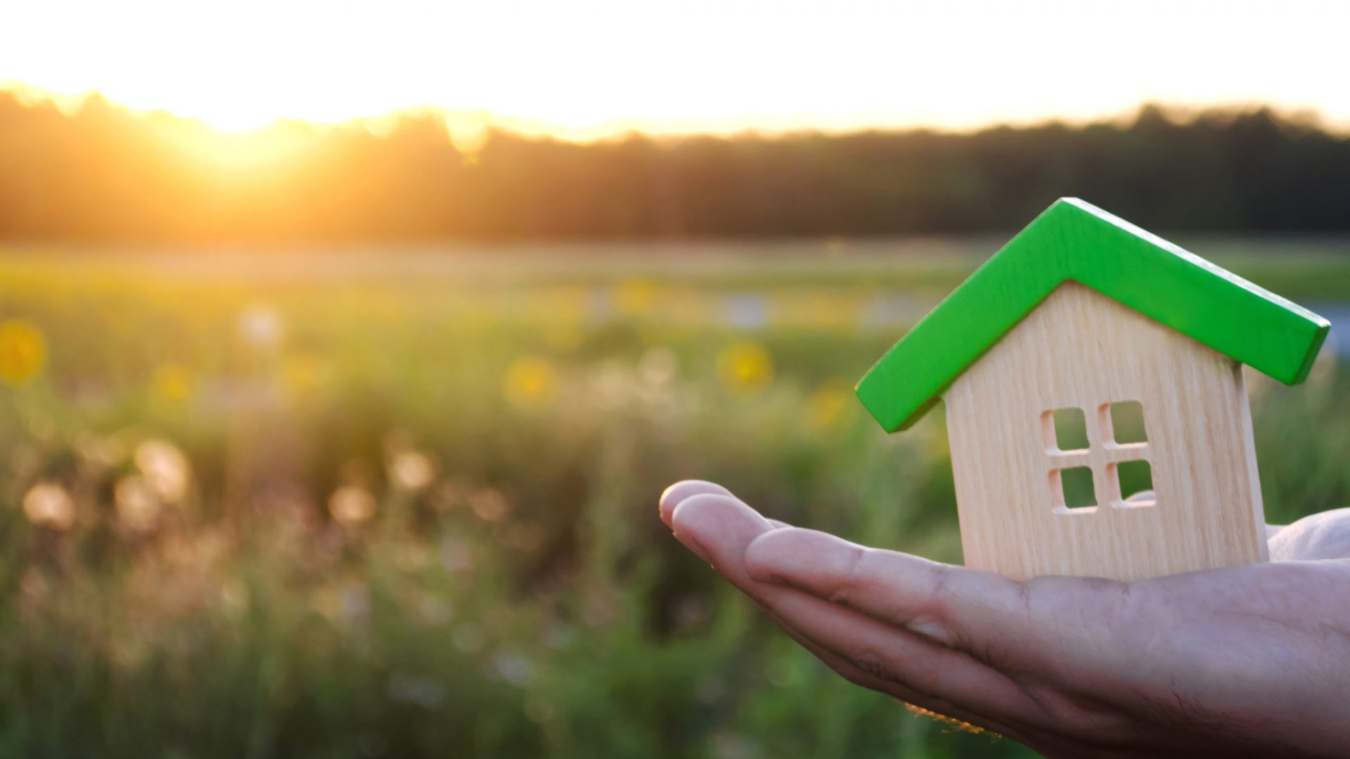 Wooden house in the hands in the sunset background. Real estate concept. Eco friendly home. Symbol of happy family life. Buy a housing outside the city