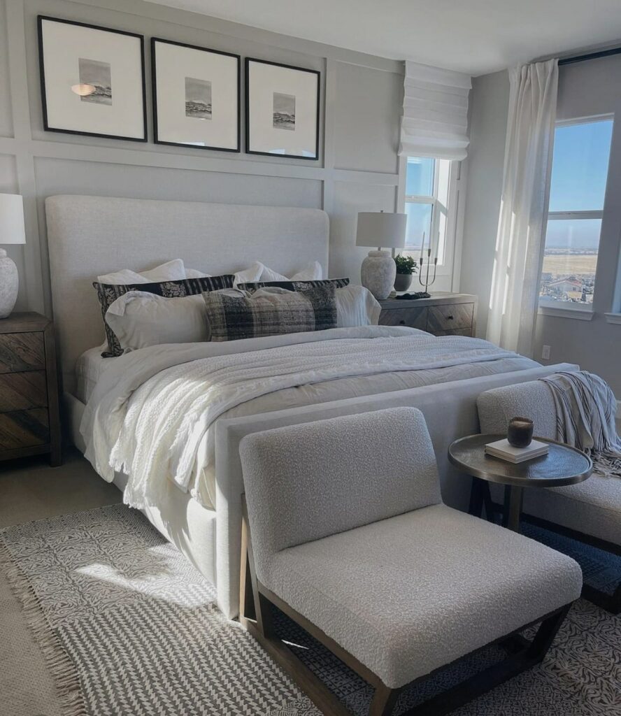 redefined monochromatic neutral bedroom decor with layered textiles