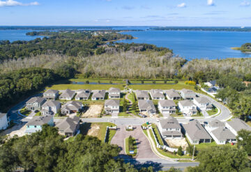 Lennar community aerial shot by the water