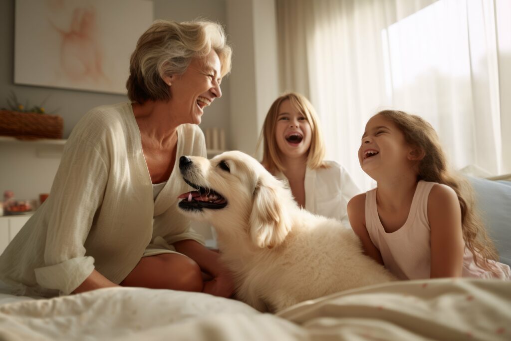 Grandparents at home with family in bed