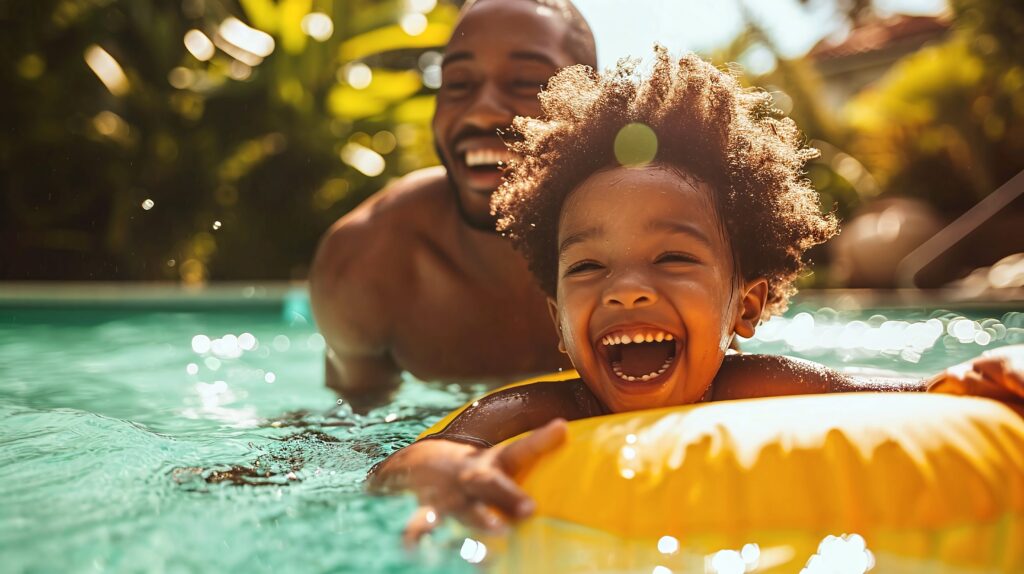 family outdoors at the pool