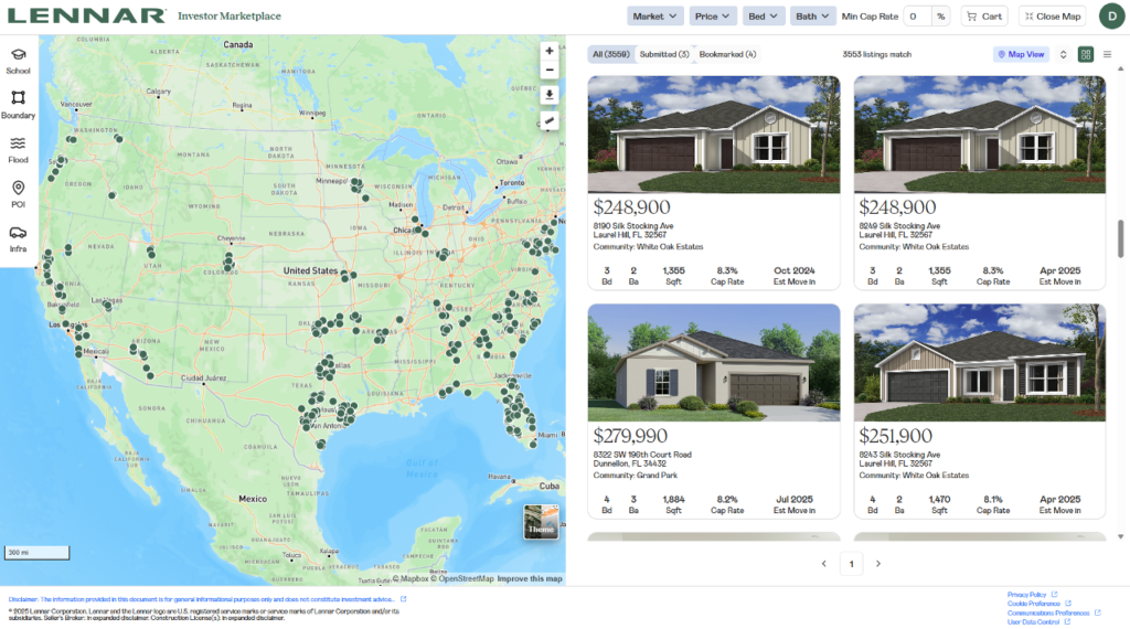 Lennar Investor Marketplace dashboard with real-time financial projections