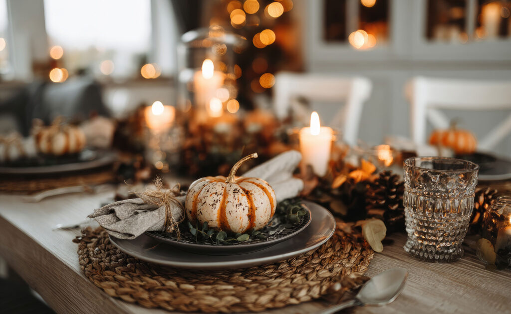 dinner table place setting with a pumpkin