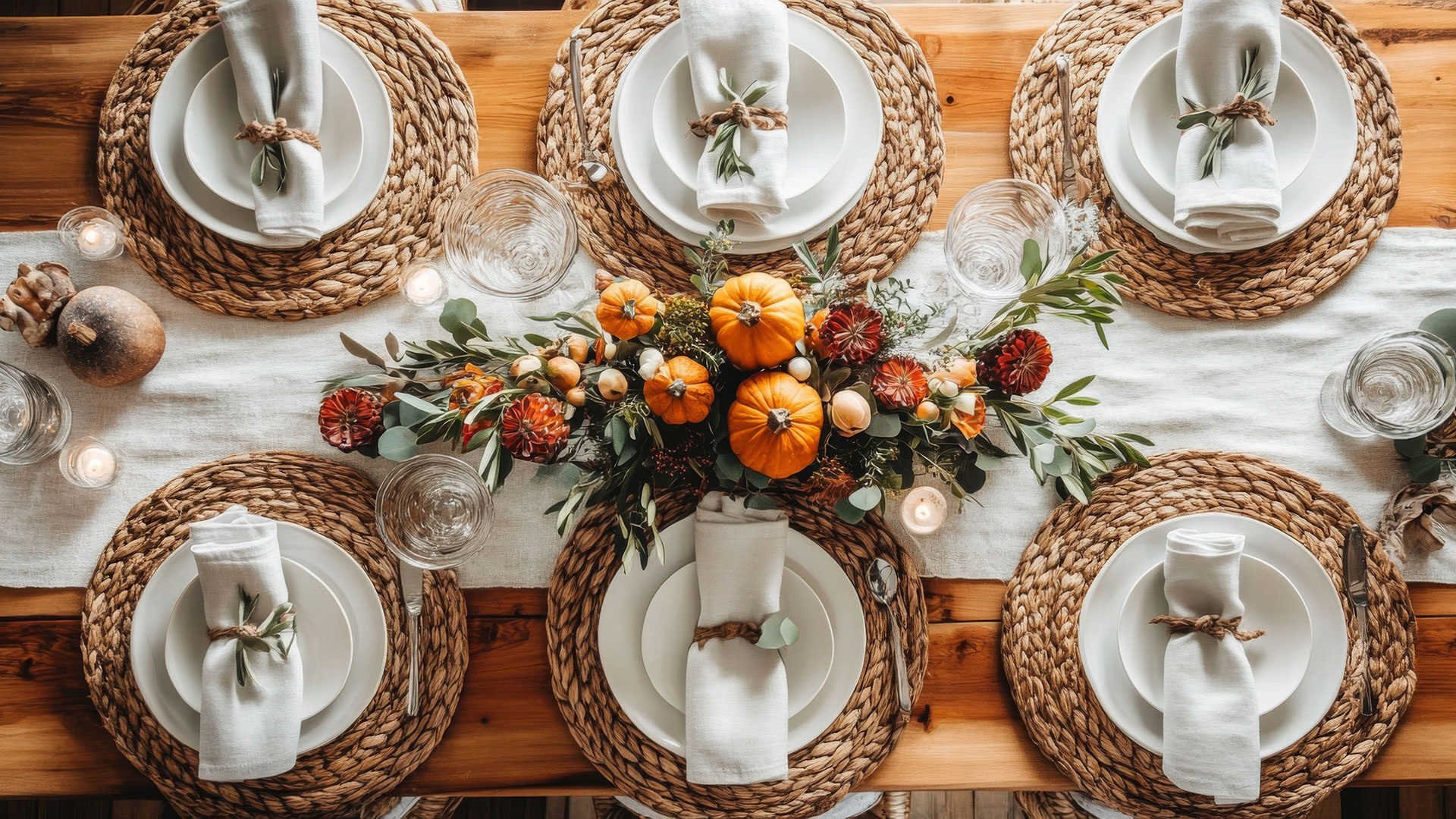 Fall seasonal tabletop decor place settings with pumpkins