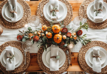 Fall seasonal tabletop decor place settings with pumpkins